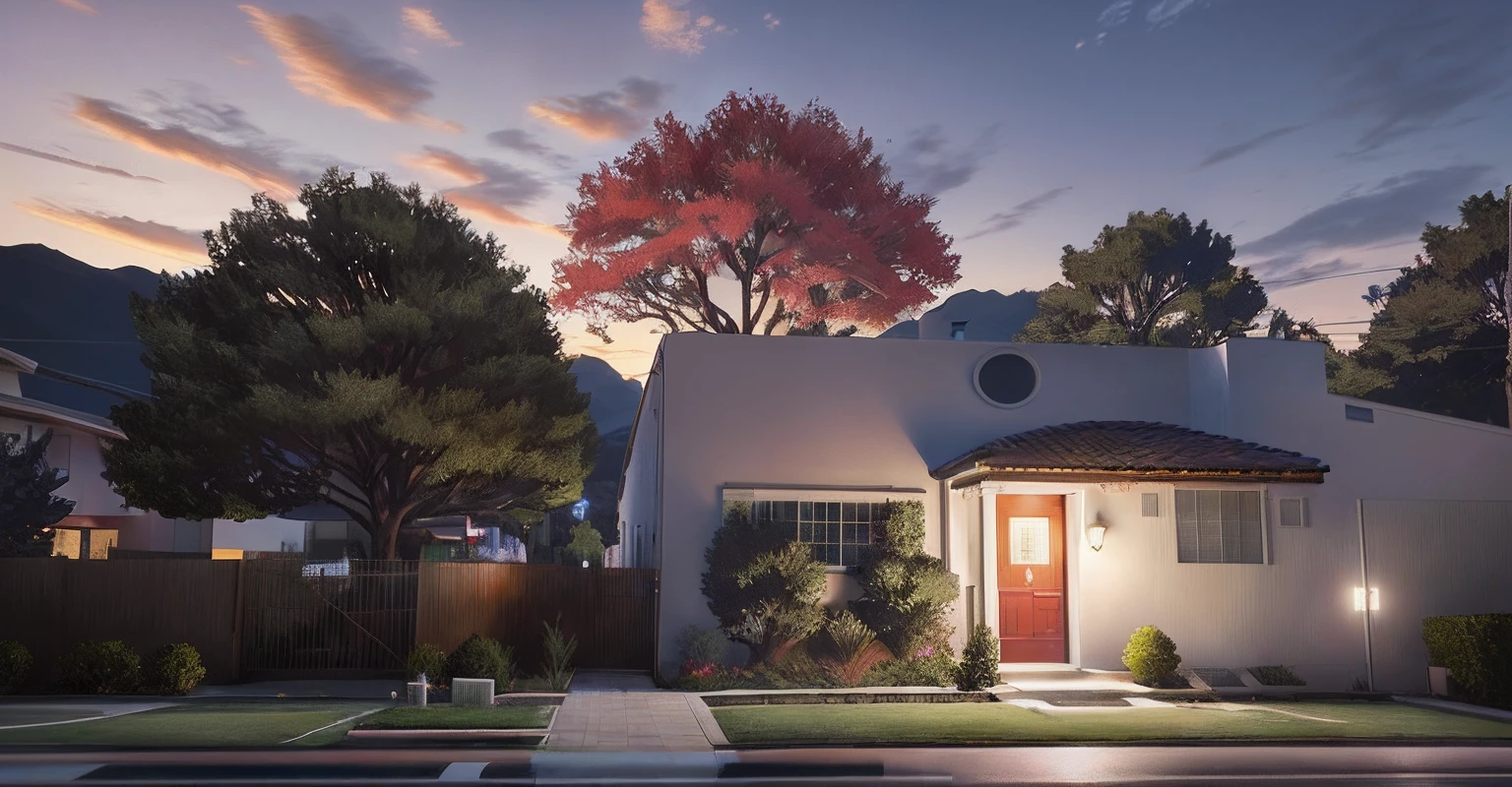 There is a white house with a red tree in the front yard, ((gta 5 casa screenshot)), Ghibli. octan render, [ Fotorrealismo 4K ], realista estabelecendo tiro, Casa Japonesa, em estilo de realismo simplificado, renderizado no enscape, Estilo de GTA V obras de arte, residential area, semi-realistic rendering, Arruamento fotorrealista, night ligthning