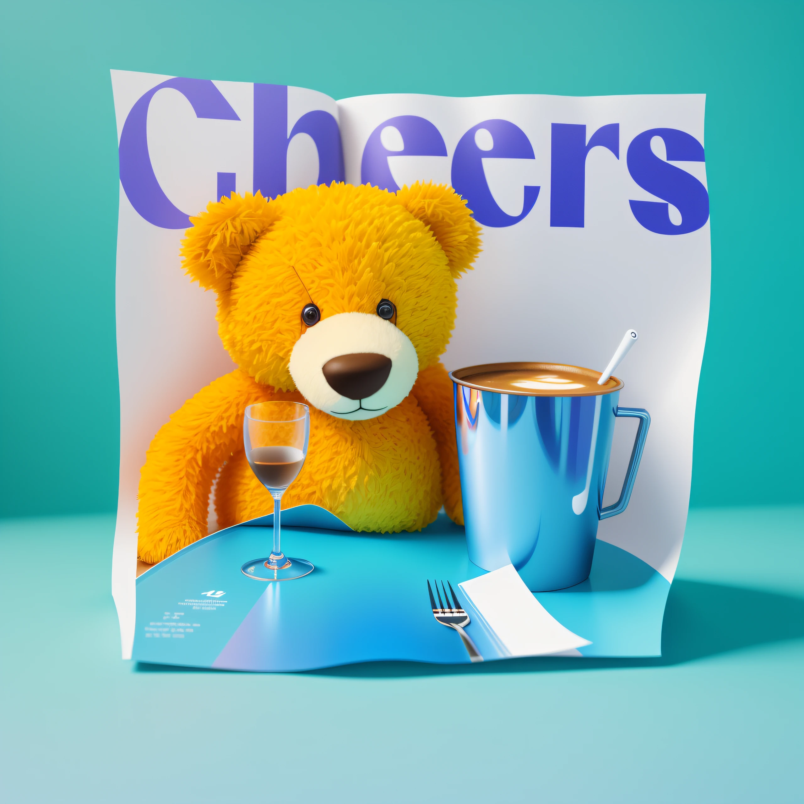 There's a teddy bear sitting next to a cup of coffee, inspired by John Koons, Obrigada, inspirado em Chris LaBrooy, imagem fotorrealista da revista, Directed by: John Koons, Directed by: Chris LaBrooy, promotional render, pbr render, photographic render, renderizado em cinema4d, renderizado em cinema 4 d, photoreal render, na capa de uma revista