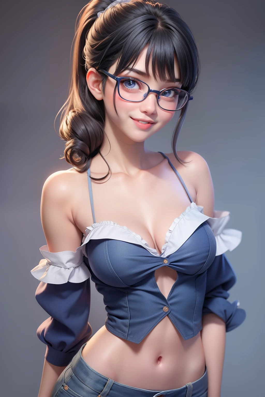 1 cute girl (18yo) glasses, upper body, slim waist, small breast, sexy pose, naugthy face, bangs, random hairstyle, cleavage, navel, off shoulder, seductive smile, wear blue sexy chef costume, gray background