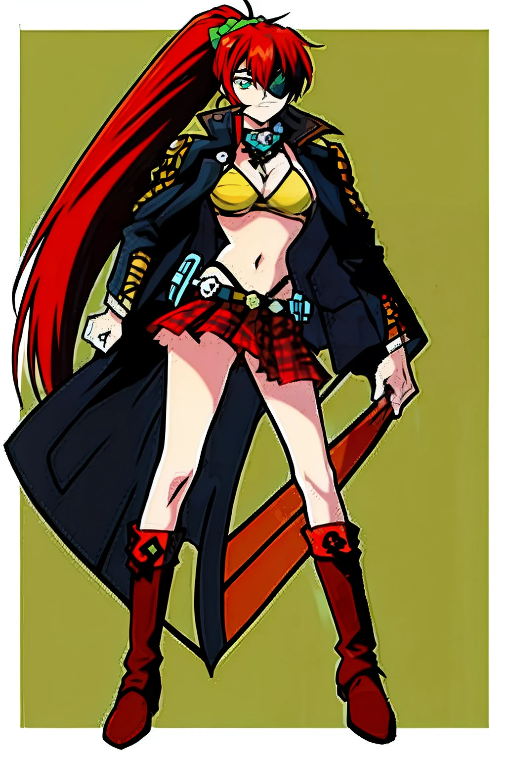 solo female, Pirate, eyepatch, tigerskin bikini top, plaid skirt, combat boots, long red hair, ponytail, green eyes, full body, confident expression, pirate coat