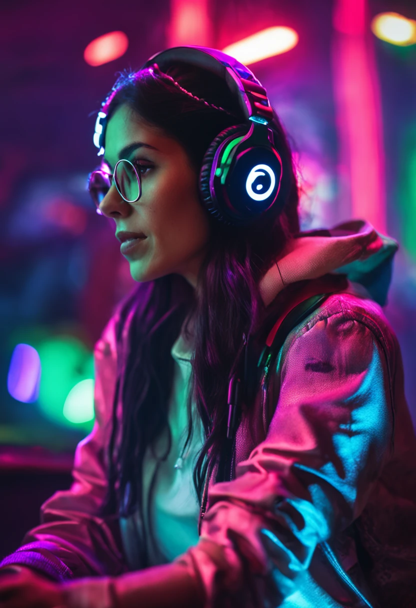 Woman with black hair wearing headphones for games glowing with colored light and glasses with a light on the face, foto de perfil 1024px, Streamer do Twitch, Razer, fone de ouvido cyberpunk, Streamer do Twitch / Jogador Ludwig, nice lighting