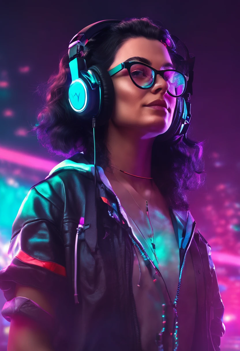 Woman with black hair wearing headphones for games glowing with colored light and glasses with a light on the face, foto de perfil 1024px, Streamer do Twitch, Razer, fone de ouvido cyberpunk, Streamer do Twitch / Jogador Ludwig, nice lighting