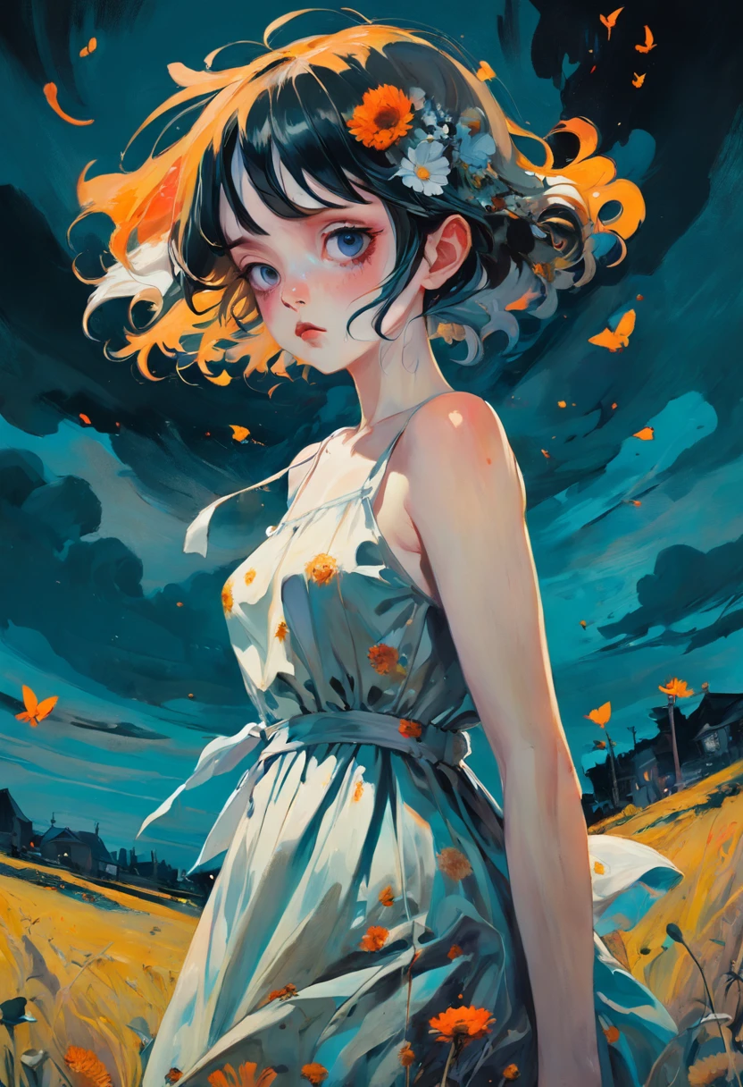 Woman wearing a light summer dress in a field of flowers. In the style of Adrian Ghenie, Esao Andrews, Jenny Saville, Edward Hopper, surrealism, Dark Art par James Jean. Tim Burton. Inspired by Sewerslvt. Esthetic 90s anime.