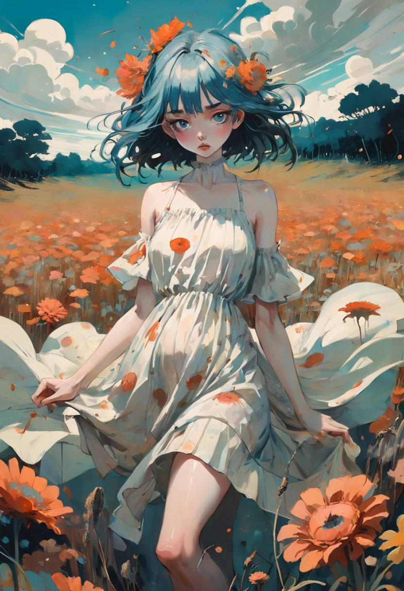 Woman wearing a light summer dress in a field of flowers. In the style of Adrian Ghenie, Esao Andrews, Jenny Saville, Edward Hopper, surrealism, Dark Art par James Jean. Tim Burton. Inspired by Sewerslvt. Esthetic 90s anime.
