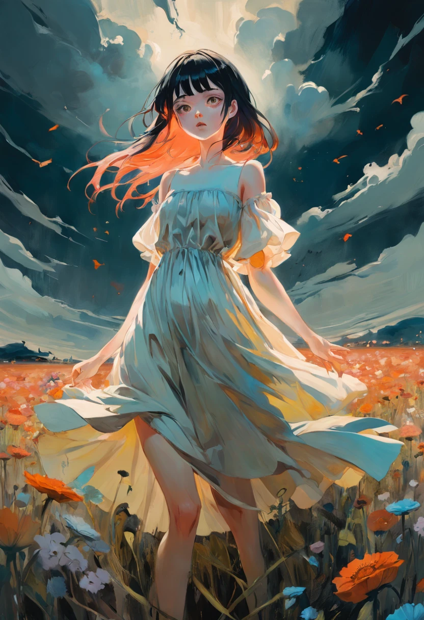 Woman wearing a light summer dress in a field of flowers. In the style of Adrian Ghenie, Esao Andrews, Jenny Saville, Edward Hopper, surrealism, Dark Art par James Jean. Tim Burton. Inspired by Sewerslvt. Esthetic 90s anime.