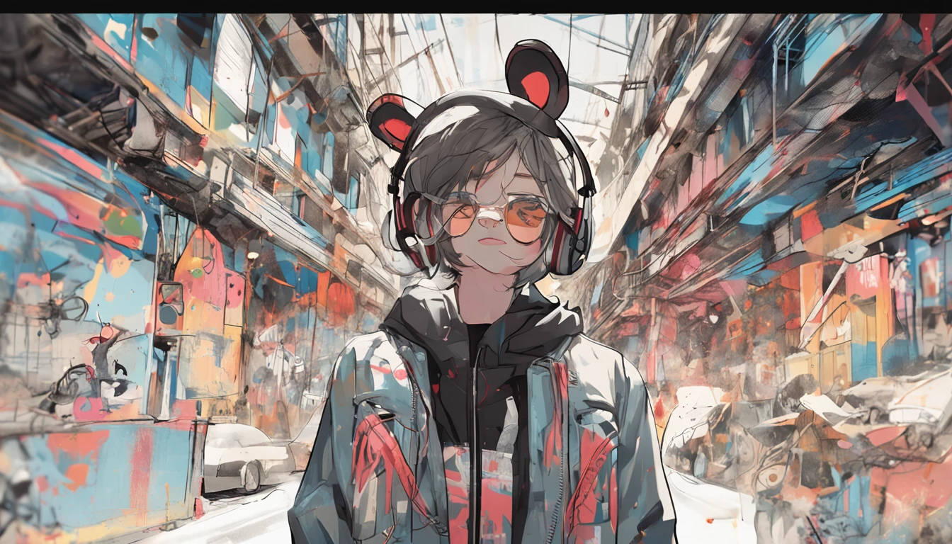 Perfect centering, Cute mouse, Wear a student team jacket, Wearing sunglasses, Wearing headphones, cheerfulness, Standing position, Abstract beauty, Centered, Looking at the camera, Facing the camera, nearing perfection, Dynamic, Highly detailed, smooth, Sharp focus, 8K, high definition resolution, illustration, Art by Carne Griffiths and Wadim Kashin, White background