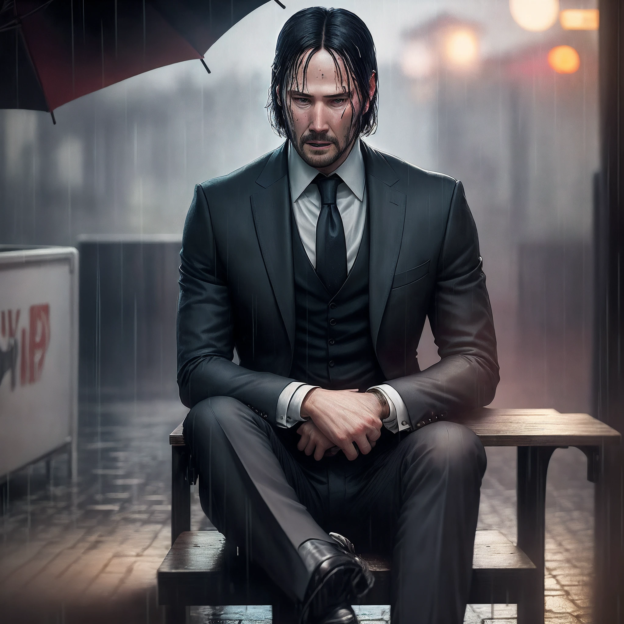 John Wick, sitting in the rain, sad