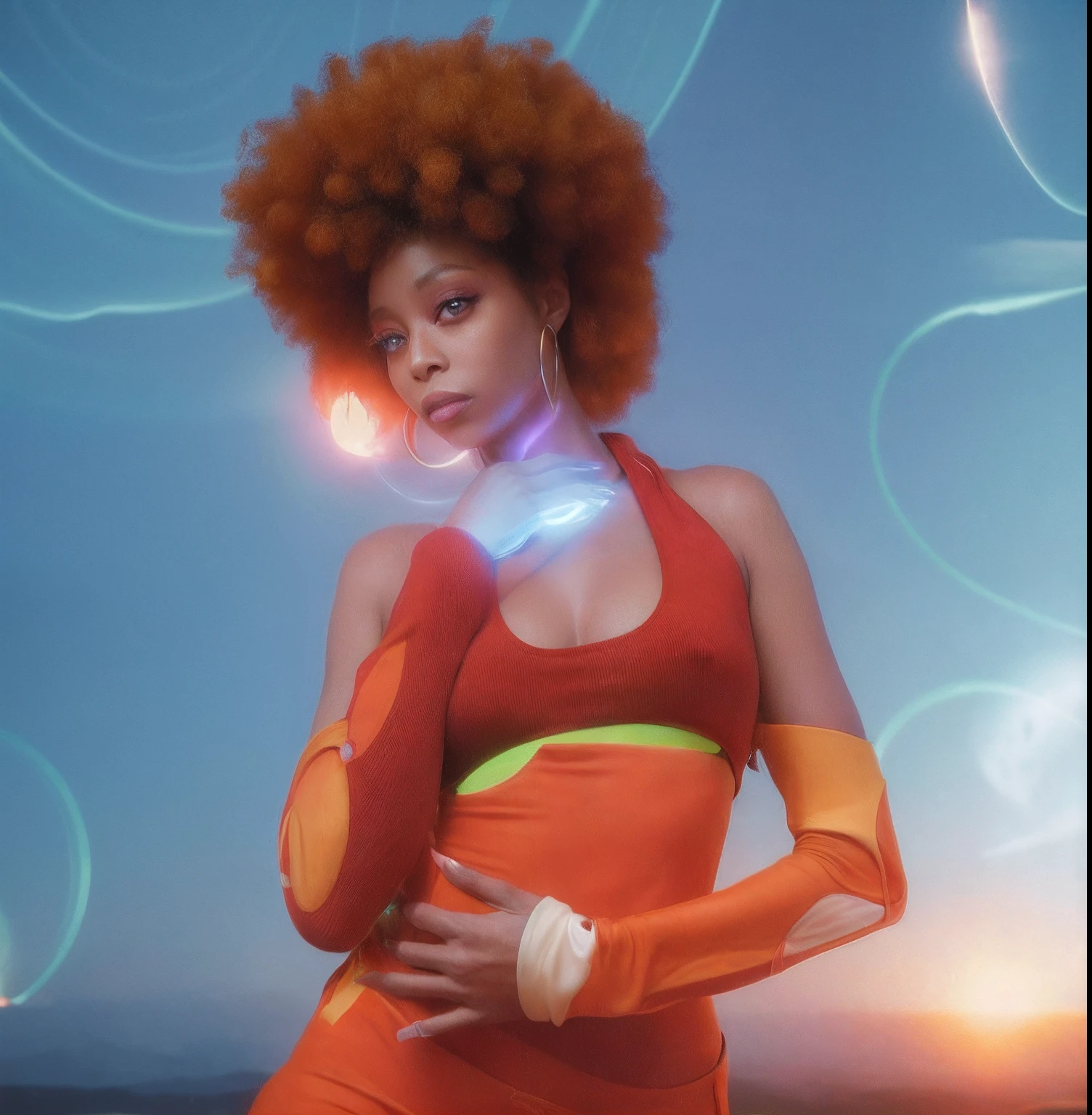 Erykah badu, driving through the universe unspelling people with healing music, with orb trails, photography by Mario testino,