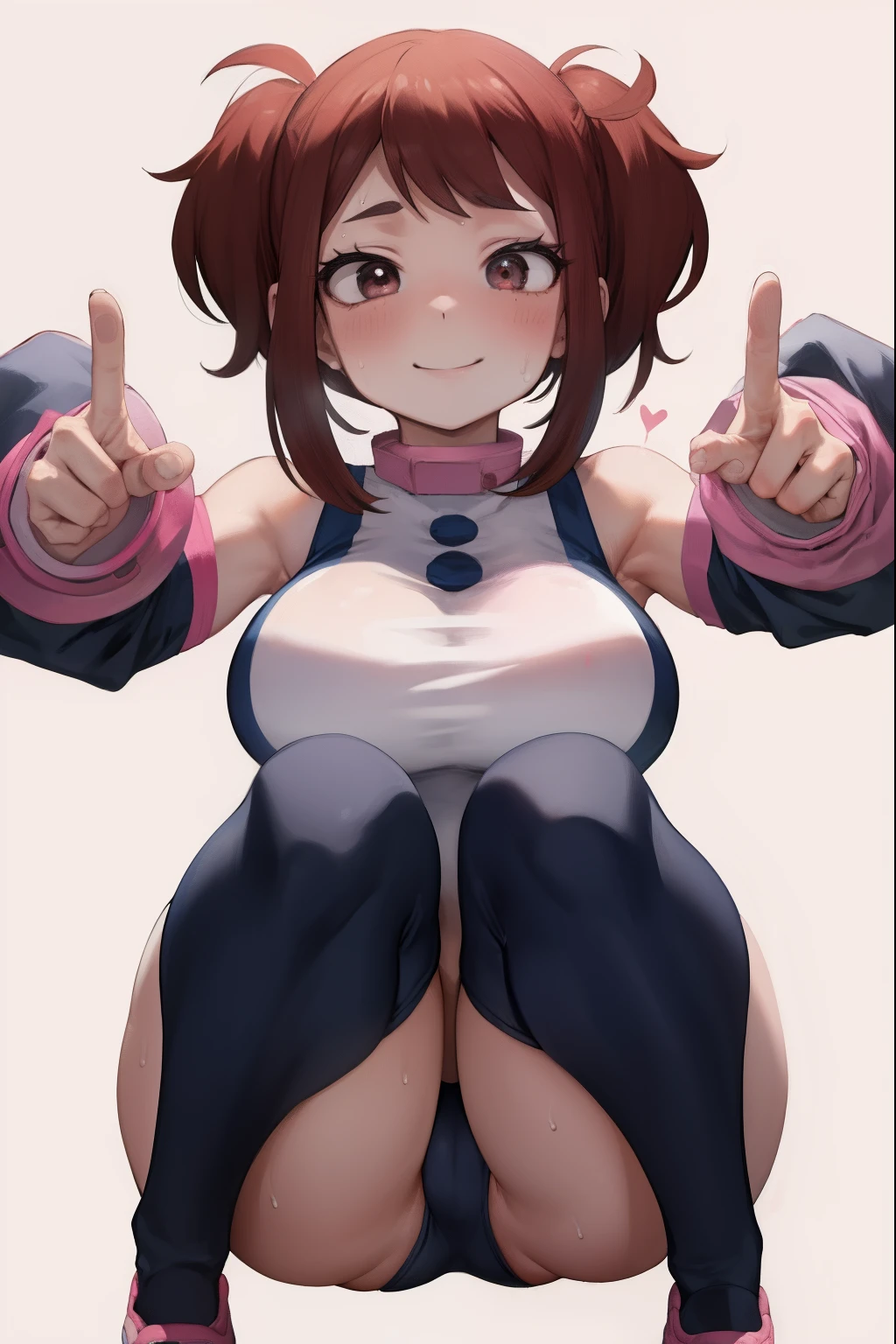 ((masterpiece、top-quality;1.3))、ultra-detailliert、细致背景、1girl in、独奏、A smile、maikurobikini、Ochako Uraraka、looking at the viewers、large full breasts、Pink suit、
school background、weightless、realisticlying、Fly from above、squatting and opening legs、Heart of Love、Mass sweat