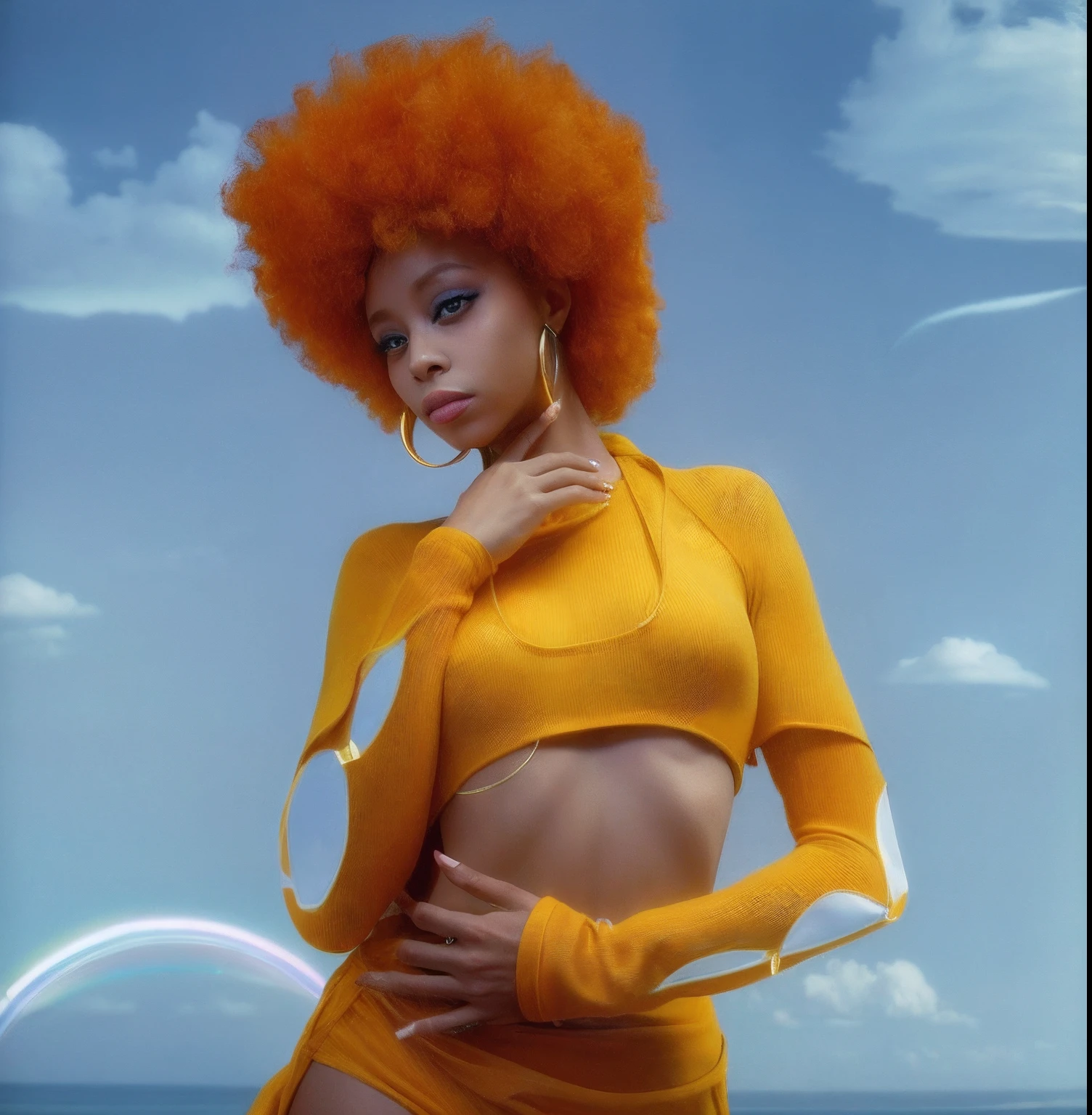 Erykah badu, driving through the universe unspelling people with healing music, with orb trails, photography by Mario testino,
