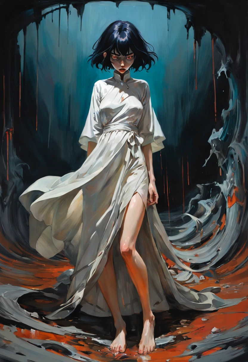 Femme portant une robe et faisant la vaisselle en pleurant. In the style of Adrian Ghenie, Esao Andrews, Jenny Saville, Edward Hopper, surrealism, Dark Art par James Jean. Tim Burton. Neogothic.
