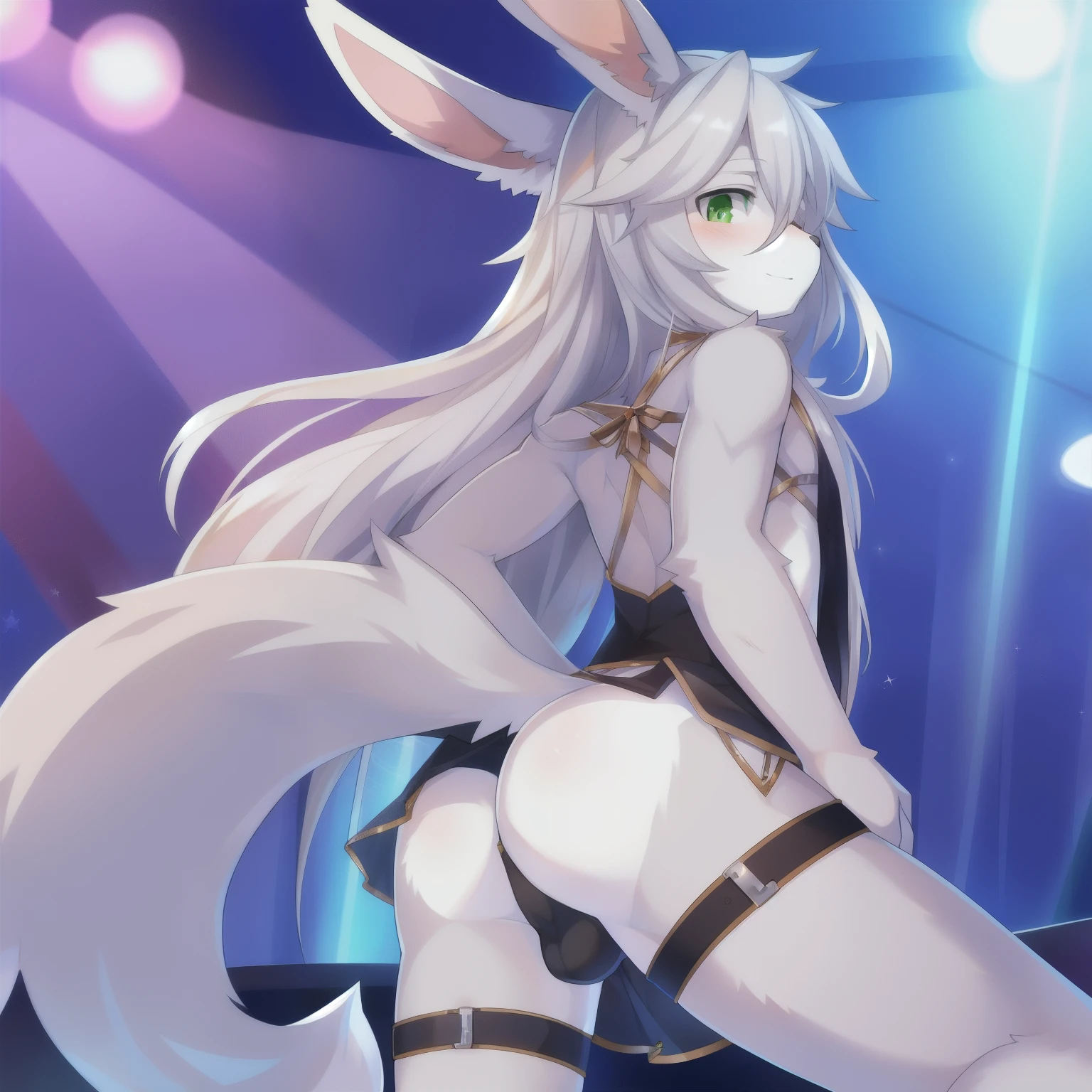 1boy, solo (thin:1.5), (twink), kemono, Furry, furry bunny, anthropomorphic, male, silver fur, green eyes, long hair, silver hair, strip club, revealing outfit, showing off butt, uploaded on e621,