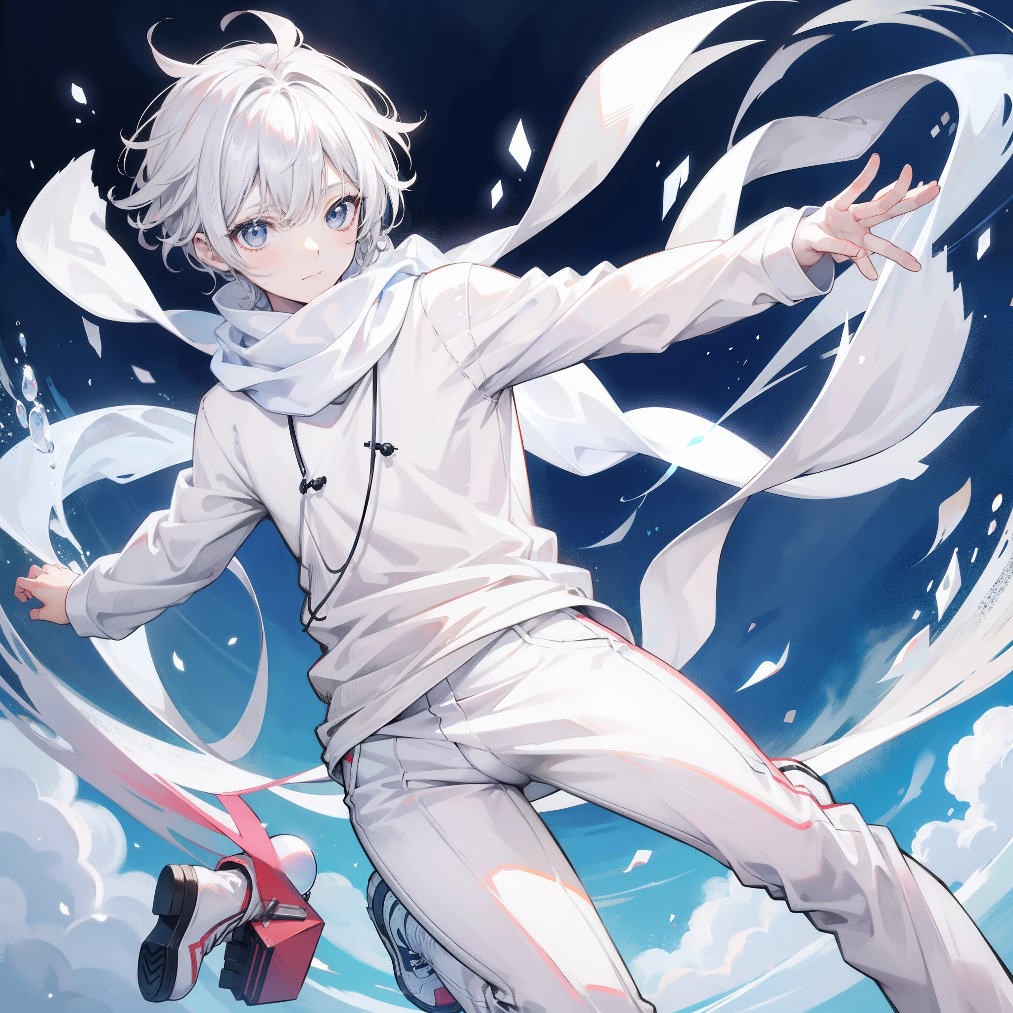 anime boy,wwhite ball cut,grey eyes,white long sleeved t shirt,white pants,shoes,white scarf