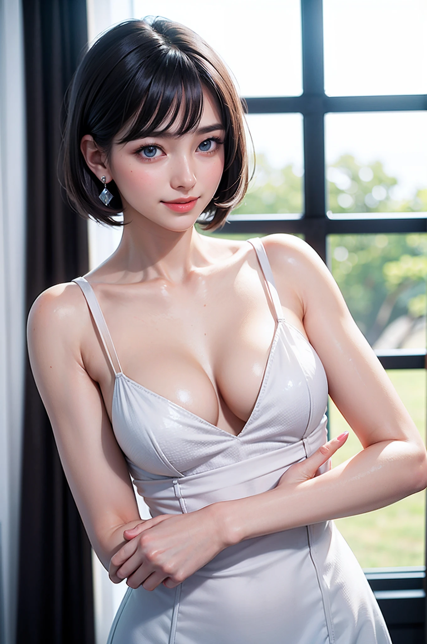 (high-level image quality、high-detail、hightquality、hight resolution、Draw everything accurately in high resolution)、Very intense crystal light blue eyes、Very pale blue eyes、Smaller diamond-shaped earrings、Look firmly at the camera、Put your ears out、Beautiful short black hair、Beautiful very short beautiful hair with bangs、Show off all the beautiful décolletés、Beautiful 28 years old、lipgloss、long neck、happily laughing、Smiling very happily、Beautiful teeth alignment、Beautiful teeth、Beautie、Pretty Woman、Business shirt with a snow-white collar with open chest、Wide Open Color、illuminate the back with very strong light from the windowsill,,,、Very immaculate background、Really snow-white background、Slightly bigger eyes、Brings intense light to the eyes、rather broad shoulders、tall supermodel、Long-legged supermodel、Female sexy、Turn your face slightly to the side、Very mature and beautiful woman、Very small face