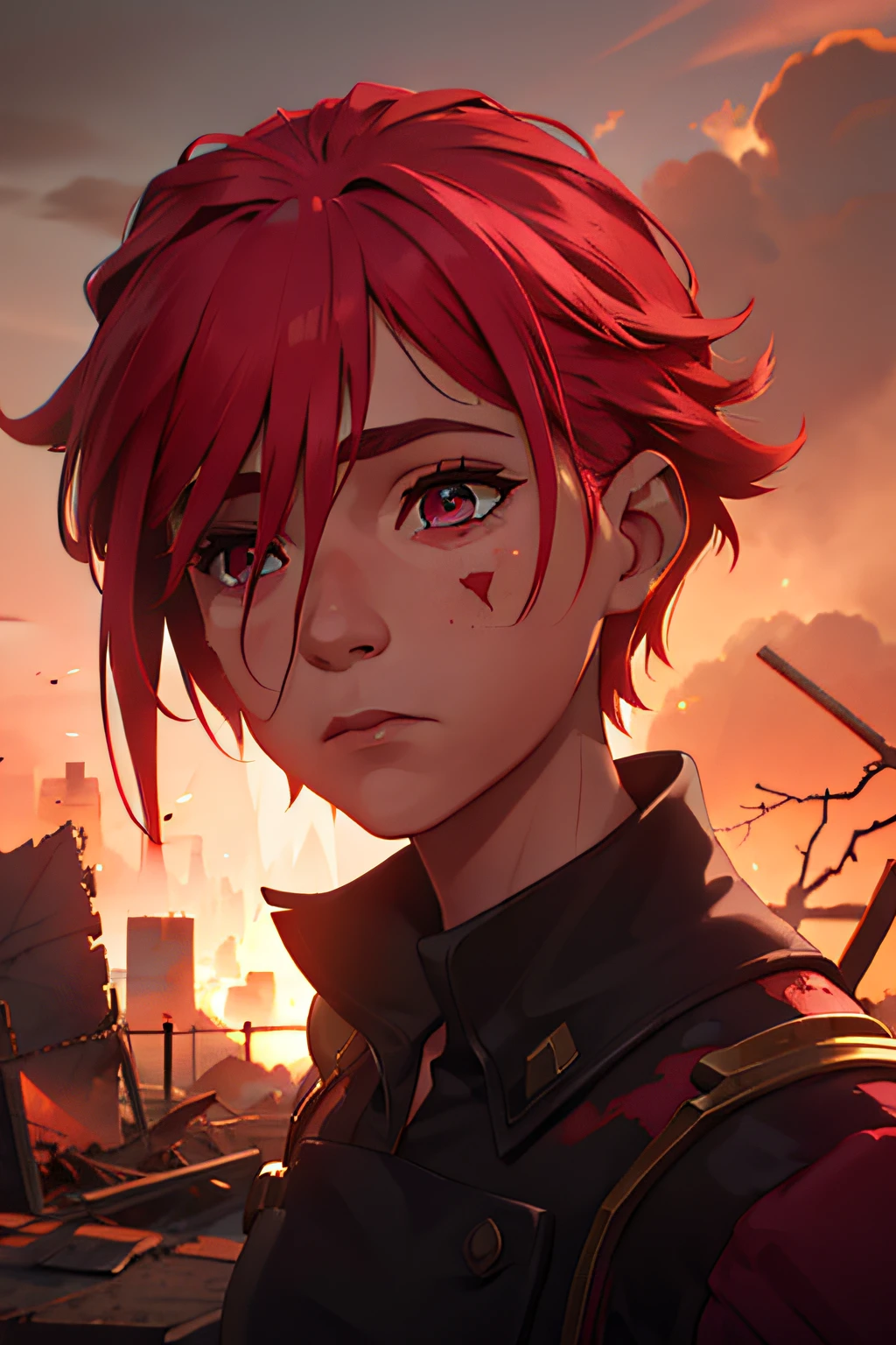 In the aftermath of an atomic bomb explosion, Remains are scattered across the desolate landscape. Um close-up detalhado em um rosto revela a dureza e a tristeza deste momento. This post-apocalyptic scenario is illustrated digitally, inspirado pelo estilo emocionalmente poderoso de Alex Grey. The color palette is unexpectedly dominated by shades of pink, A shocking contrast to the destruction and sadness of the scene, symbolizing the persistence of beauty and hope in the midst of devastation. The lighting is soft, mas determinada, casting a rosy glow over the remains and the close-up face, highlighting tragedy and human resilience.