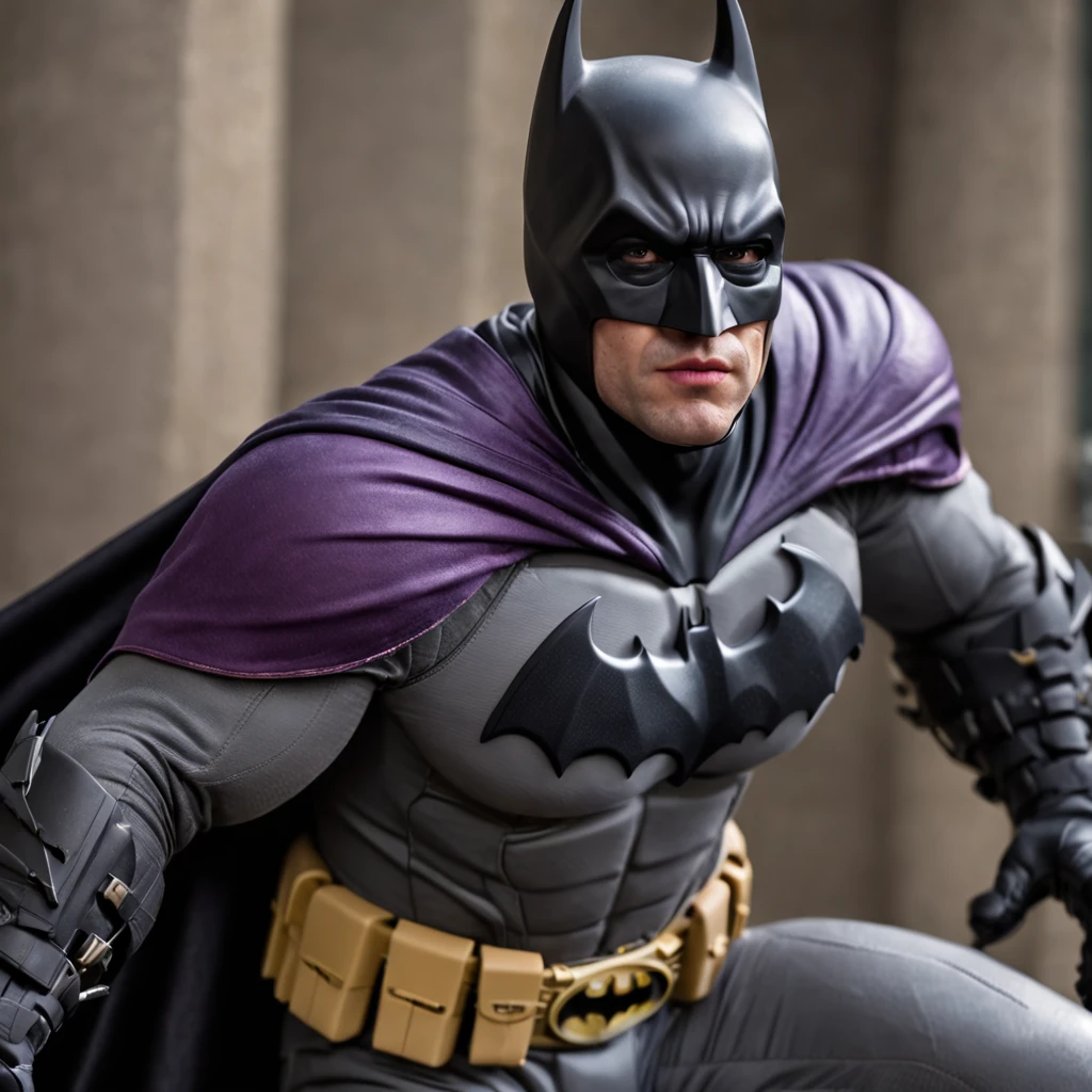 batman in purple armor hitting bad guy realistic photo