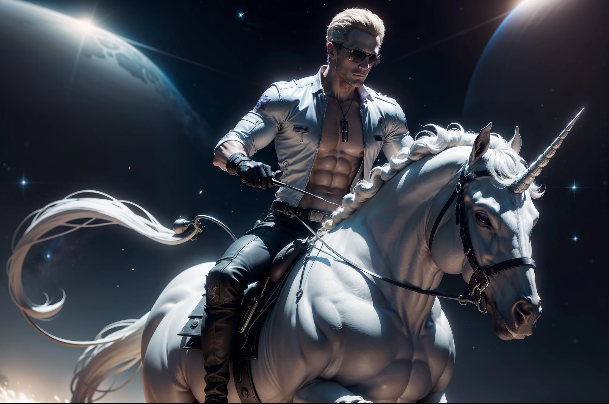 Albert wesker, shirtless:1.3, riding a white unicorn, unicorn horn, in space, flying through the cosmos, serious face,