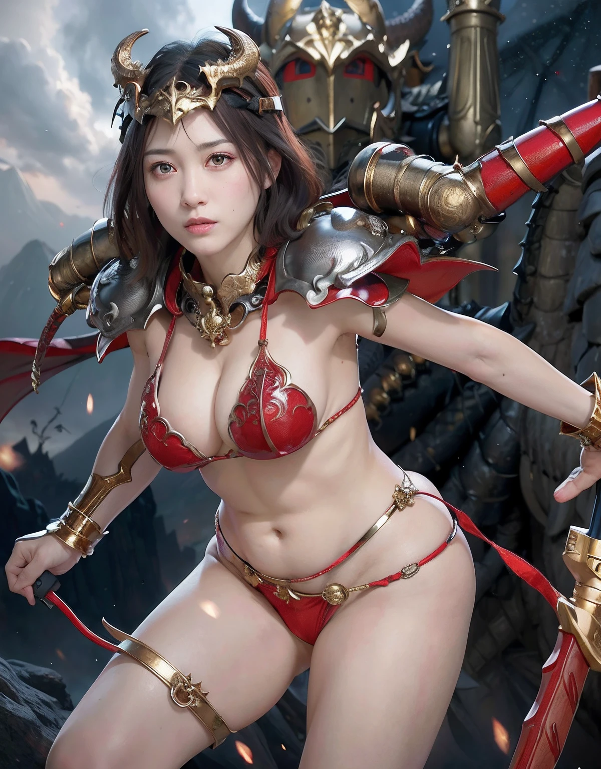 Professional , ​masterpiece、top-quality、photos realistic , depth of fields 、（Dragon Red Metal Body:1.９),(Enamel Red、（cleavage of the breast）、Dragon Gold Weapon、（Red Micro Bikini Armor:1.４),Gorgeous gold weapons ,（（ Dragon's dense and gorgeous sword）） , （demonic wings）、（（a blond））、（Castle background）、（（Gangle's forest background））、（（Fight dragons））、Beautiful Caucasian beauty、１a person、dynamic ungle,(((Detailed and ornate dragon helmet)))、Smaller head、A smile、Castle background、Thin and beautiful female hands、cleavage of the breast、Soldier in iron armor on background、Mystical expression、Light Effects、intense fighting、Wind-effect、magic circles、With the legendary magic wand、Dragon's tail、explosions、Anatomically correct body、