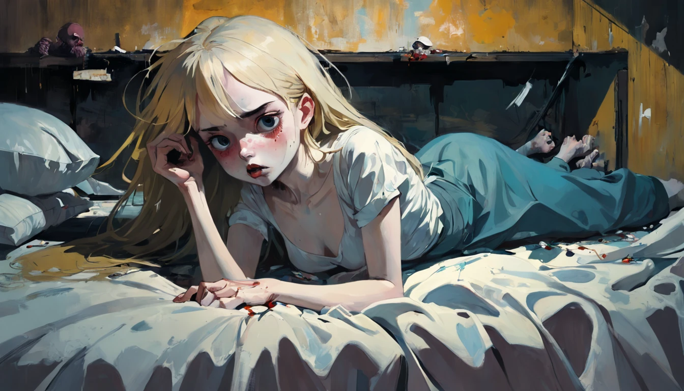 Woman searching something under the bed. In the style of Adrian Ghenie, Esao Andrews, Jenny Saville, Edward Hopper, surrealism, Dark Art par James Jean. Tim Burton. Inspired by Sewerslvt. Esthetic 90s anime.