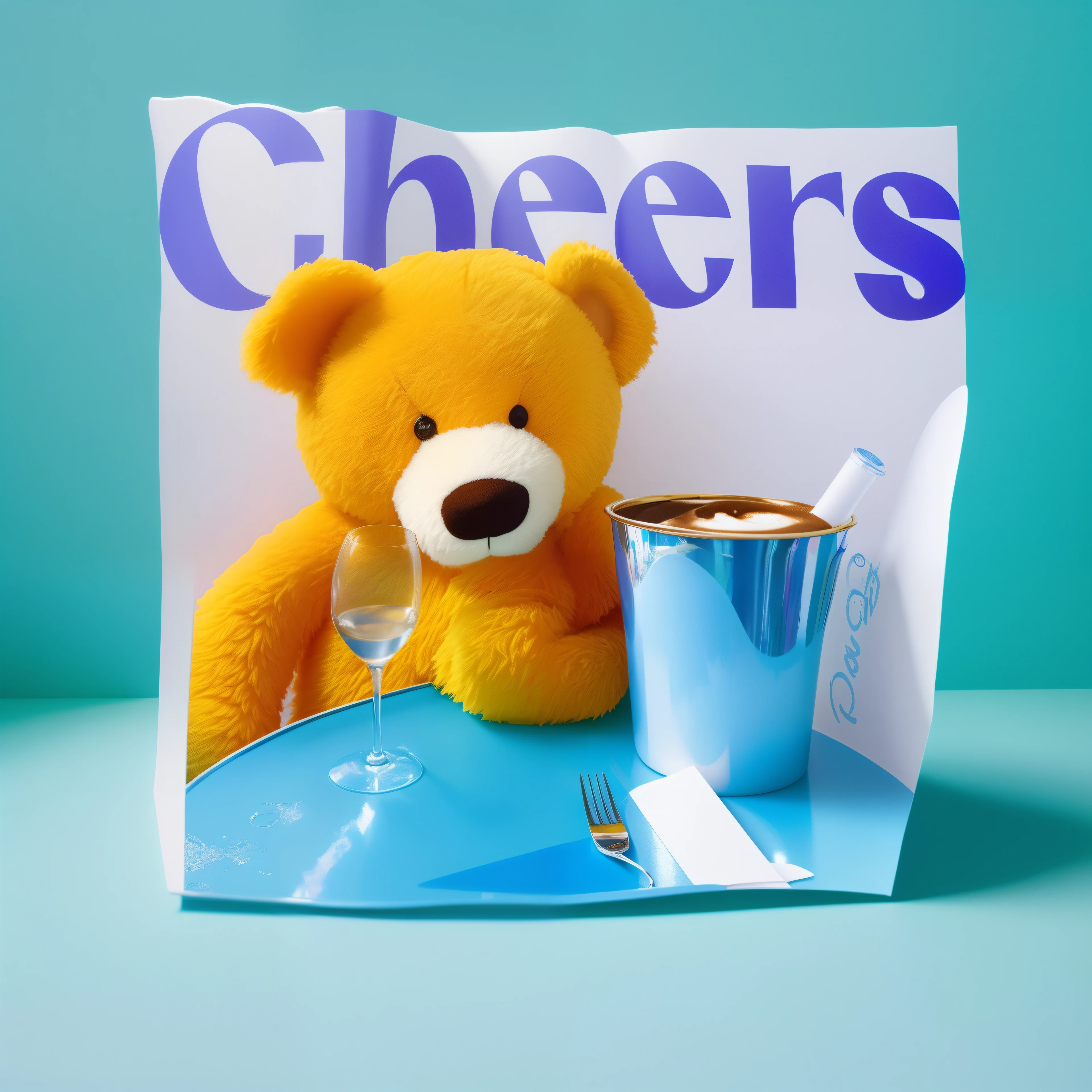 There's a teddy bear sitting at a table with a cup of coffee, obrigada, 9 0 - S, 8 0 - S, Directed by: Jeff Koons, Directed by: Peter Alexander Hay, Ad image, Alegre, Anos 80, 8 0 anos, 80's, Ursos, Directed by: David Garner, inspirado em Jeff Koons, Directed by: Robert Childress, Directed by: Robert Peak
