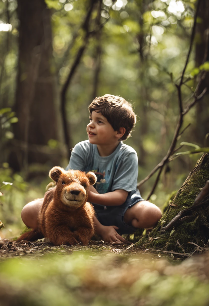 John, um , 9 anos, fofo, brown hair, olhar perfeito, olhos castanhos, rosto perfeito, olhar gentil, sorriso gentil, tocando violino, na floresta, com animais ao redorestilo infantil, livro infantil, um coelho, uma raposa, um esquilo e uma coruja, em uma floresta, bonita, alegre, divertida