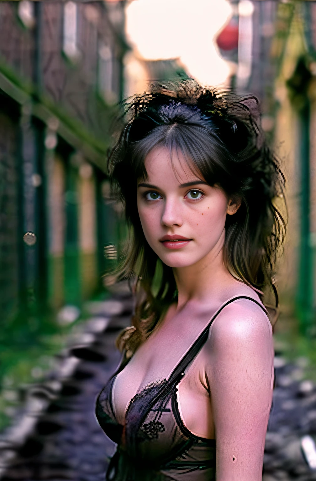 sexy twentytwo year old woman in victorian lingerie, long golden tangled hair, beautiful erotic woman, looking into camera, candid photograph, (dimly lit spooky alleyway:1.3), (dark shot:1.7), photo-realistic, (film grain:1.4), (masterpiece:1.2), sharp image, analog style, award winning photo, best quality,(shot with kodak 400:1.3), sharp,skin pores, (sunkissed freckles on face:0.6), Photo by sally field in color, (shot on Fujifilm X-T4:1.2), angular jawline, high cheekbones, large dull hazel eyes, ( film imperfections:1.2)