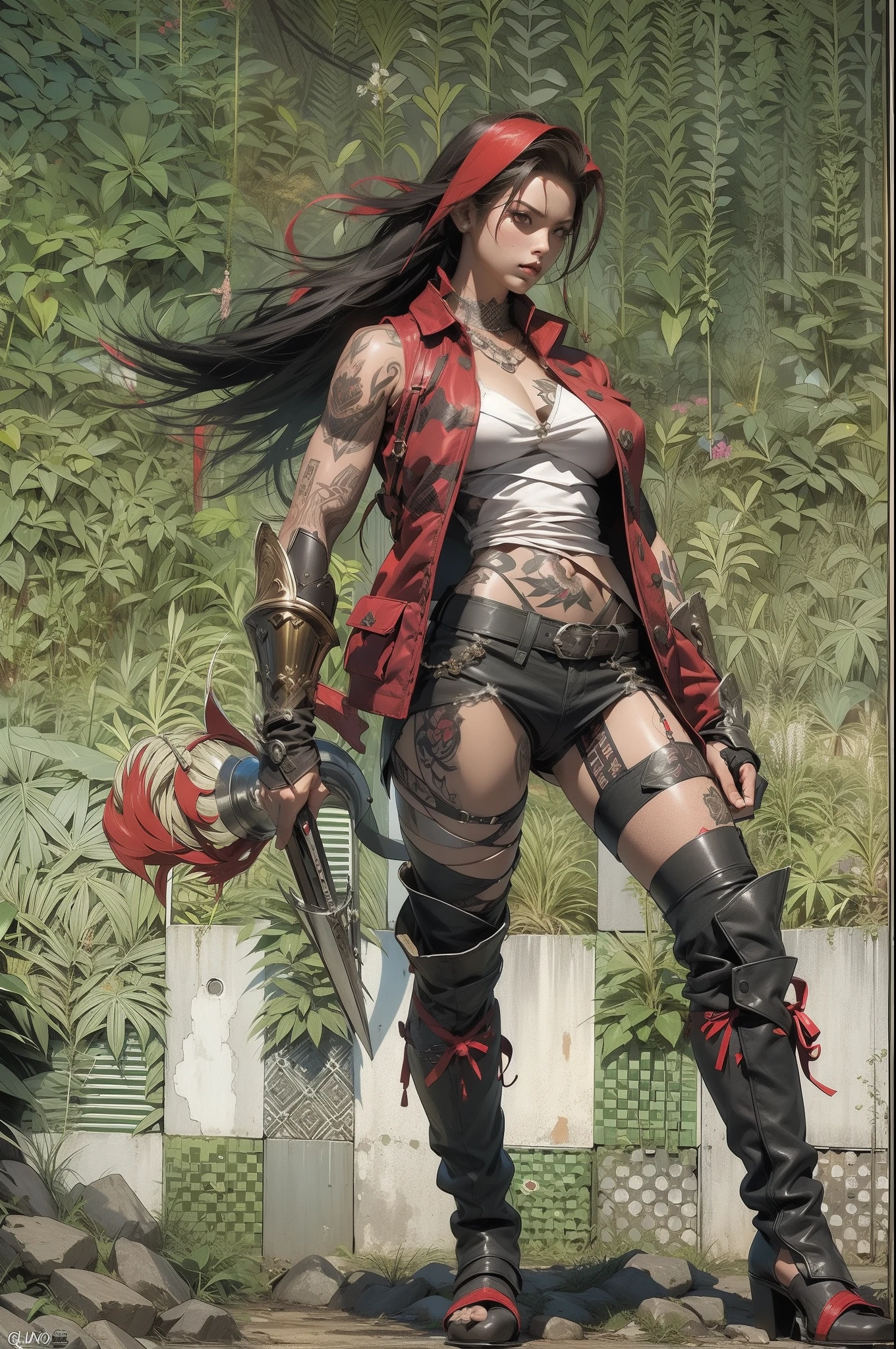 (((mulher))), (((melhor qualidade))), (((obra prima))), (((adulto))), Uma guerreira mulher de 35 anos com corpo perfeito, Gladiadores do Brooklyn, quase nua no estilo selvagem urbano de Simon Bisley para a capa da revista Heavy Metal, cabelos pretos com ponytail, Minimum clothing, red and white checkerboard pattern, armadura, cheio de pontas e rebites, tatuagem yakuza, (((do joelho pra cima))), cabelo cacheado