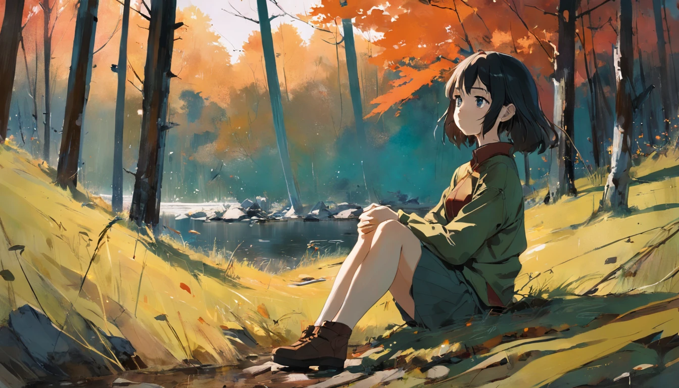 Woman sitting in the grass, in a forest, near a lake. Fall. Autumn. In the style of Adrian Ghenie, Esao Andrews, Esthetic 90s anime.