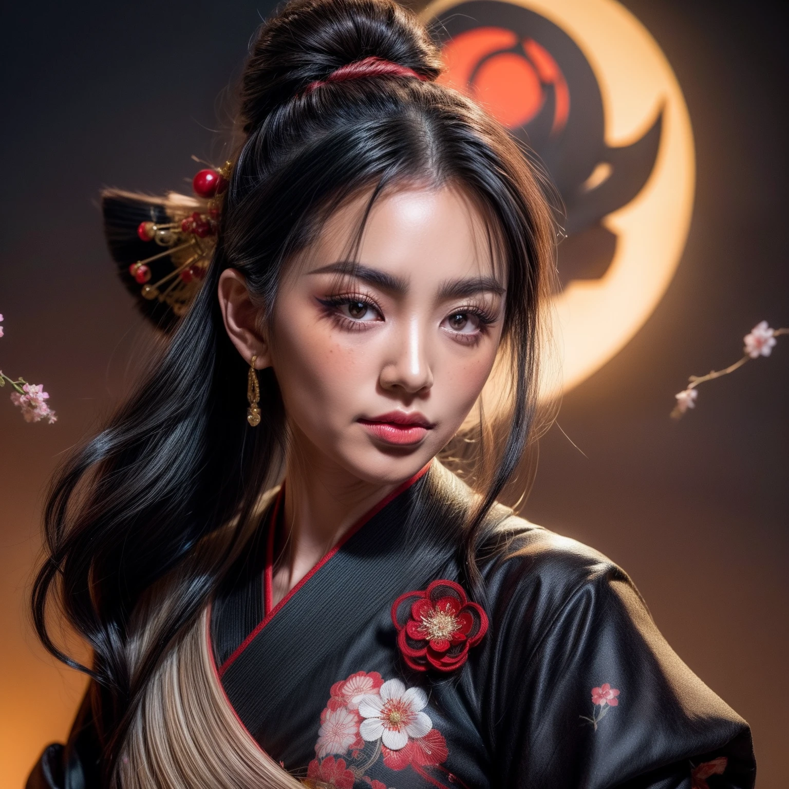 geisha, wear black kimono, black hair, red moon, dark skin complexion, cherry blossom on hair, 4k, almond eyes, big lip, logo, heart shape face, face fuller, sexy hair tied up, black eyes, dark red lipstick, female samurai warrior, swords, face shots, head shots, freckles on the face, up close head face shots, full hair, brown skin tanned