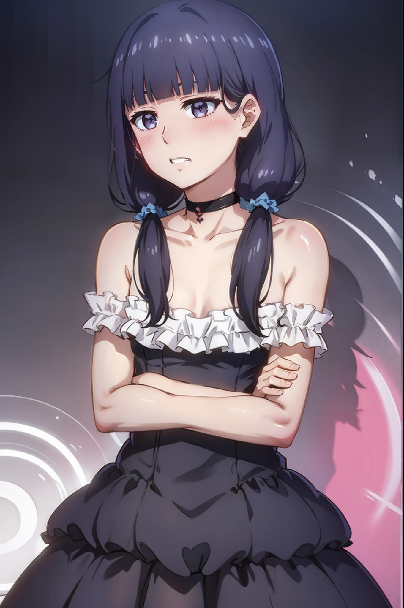 1girl, solo, upper body, crossed_arms, blushing, clenched_teeth, looking away from viewer, standing, frilly black dress, long porple hair, twintails, drill hair, ribbon, stitches, choker, bare shoulders, hair_bow