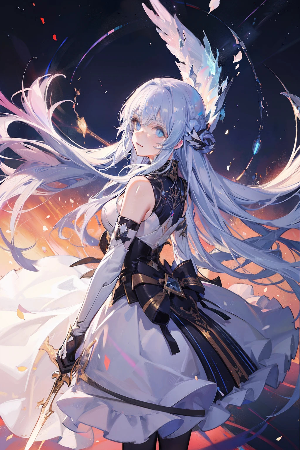 A woman with long white hair and wings in a dress - SeaArt AI