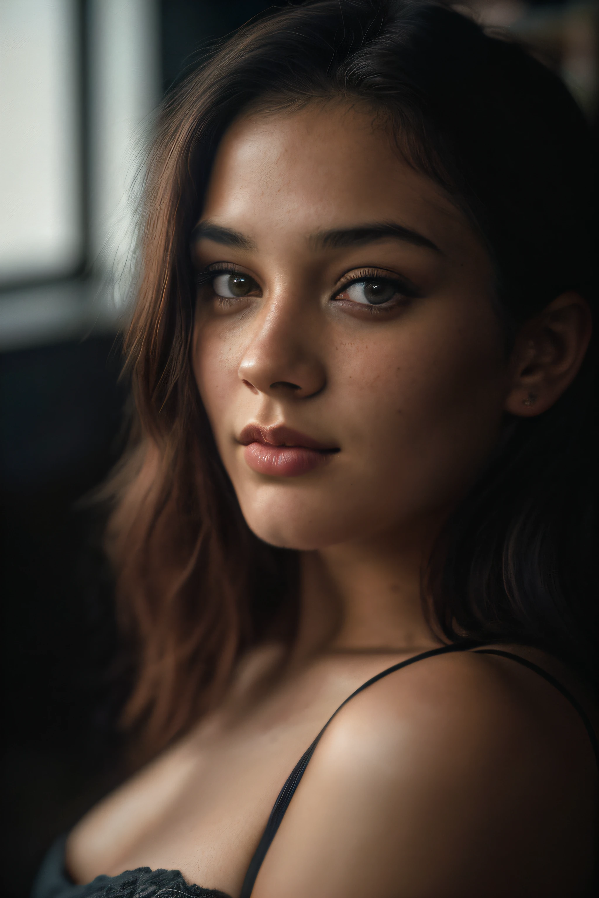 (close-up, editorial photograph of a 21 year old woman), (highly detailed face:1.4) (smile:0.7) (background inside dark, moody, private study:1.3) POV, by lee jeffries, nikon d850, film stock photograph ,4 kodak portra 400 ,camera f1.6 lens ,rich colors ,hyper realistic ,lifelike texture, dramatic lighting , cinestill 800,