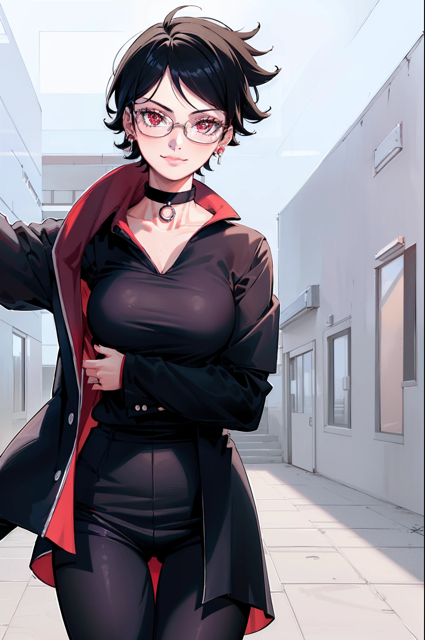 masterpiece, best quality, highres, 1girl, sarada, (mangekyou sharingan), jewelry, earrings , choker, glasses,(seductive smile), lips,shirt, white shirt, looking at viewer, black necktie, (black pants:1.1), thigh gap, necktie, medium breasts, pants, collared shirt, (upper body),(office), long sleeves, standing, closed mouth, (shirt tucked in:1.2),dress shirt,(black coat:1.2),(open coat:1.2),(formal),(high pants), cowboy shot,