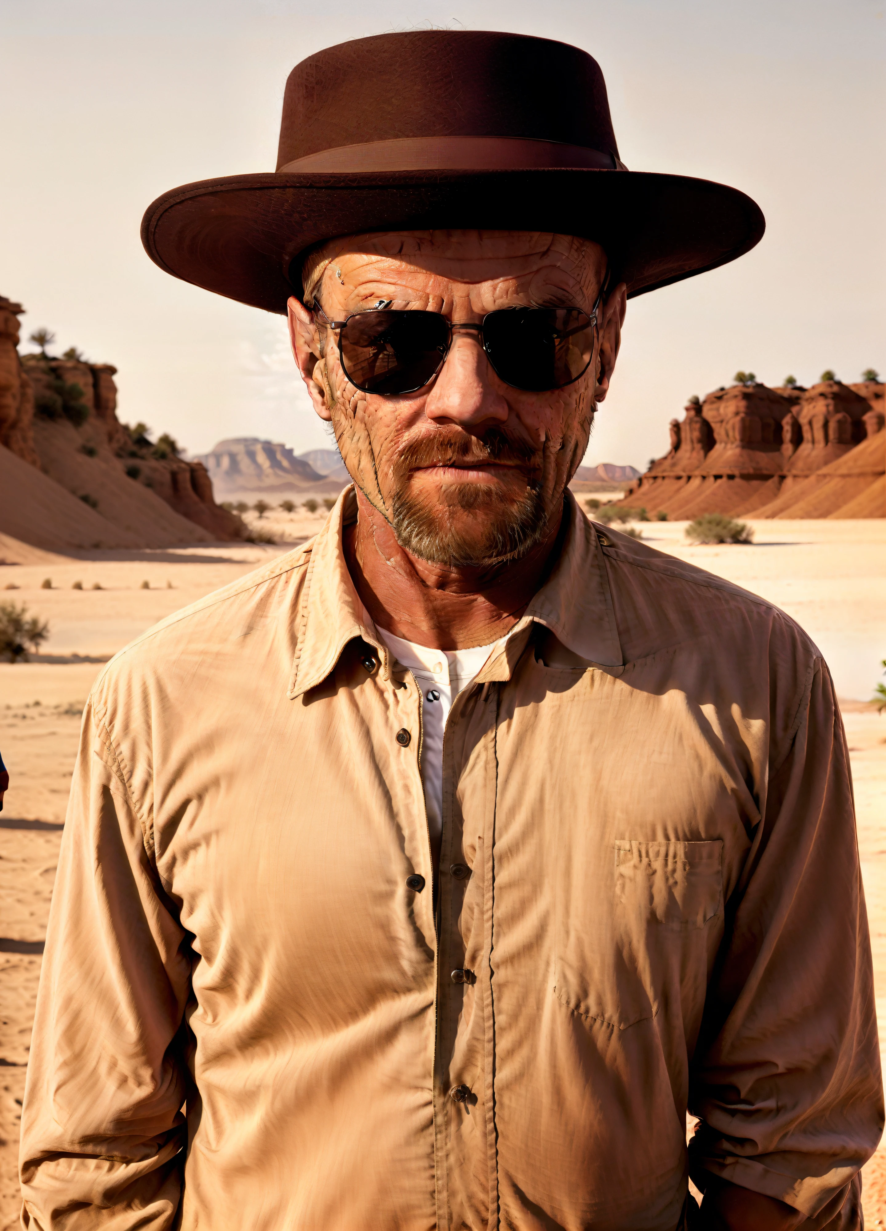 (Uma foto de corpo inteiro do homem), careca, em um deserto, wearing sunglasses and a hat, roupas pretas, Epic character composition,
Por Ilya Kuvshinov, alessio albi, Nina Masic,
foco nítido, natural lightting, espalhamento subsuperficial, f2, 35 mm, grain of film, Grande Angular