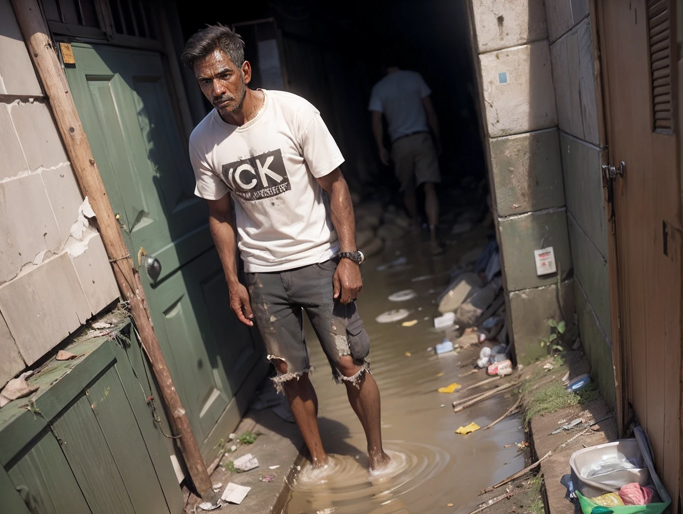 Realistic photo, skinny man, very realistic face, details, full body, poor, skinny, slum, full body, standing, looking at the camera, grimy white shirt, torn, in the mud, in the sewer, well-defined image, dirty shirt clay, slum, outskirts, refugee camp, wooden house, canvas house, construction rest house, hunger, unemployed, --auto --s2