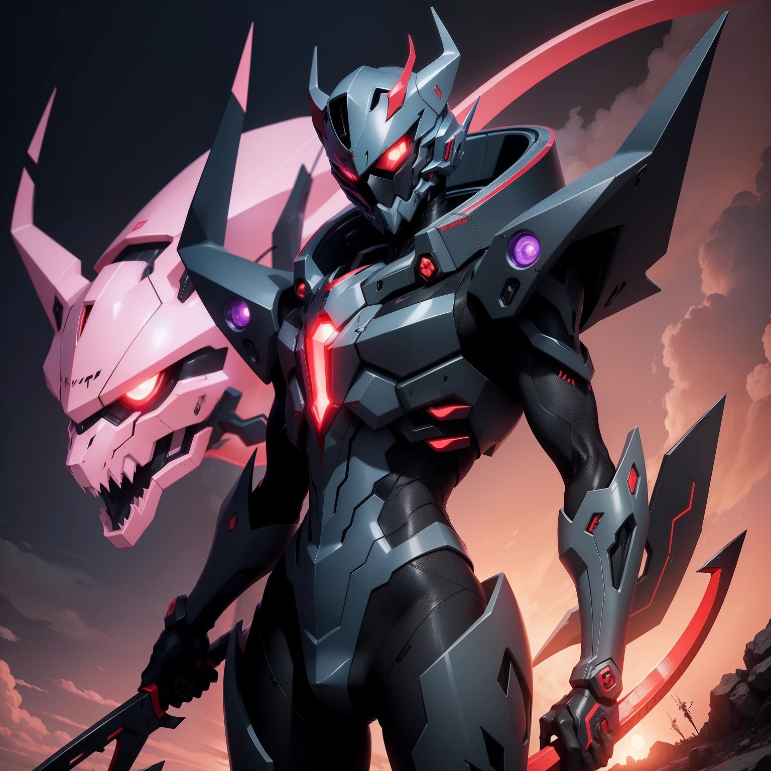 Make an art of a hybrid male body creature with an Eva 001 appearance of neon Evangelion with the colors in black with details in reds holding a harvest and in black with details in purple