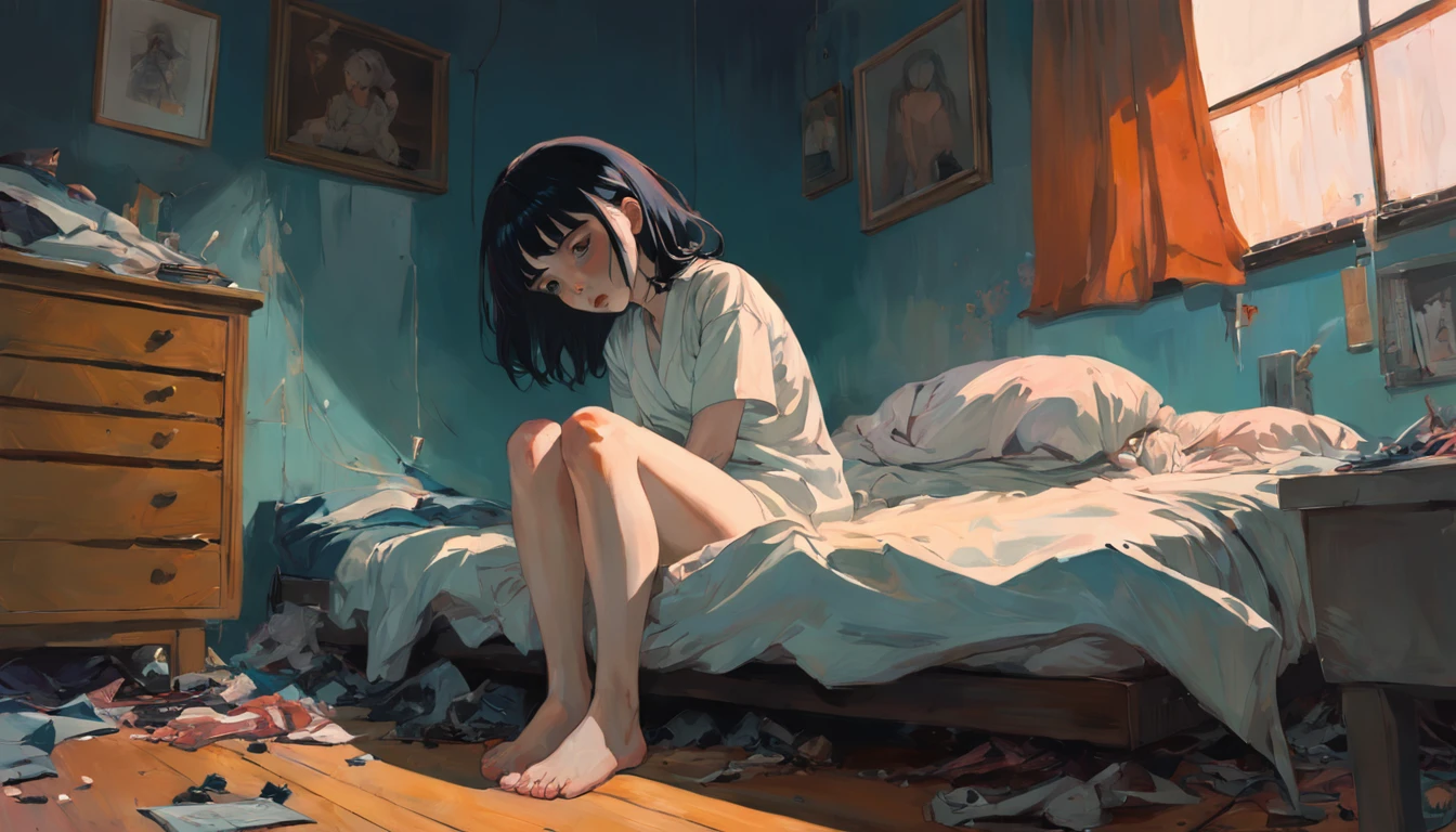 Under the bed. In the style of Adrian Ghenie, Esao Andrews, Jenny Saville, Edward Hopper, surrealism, Dark Art par James Jean. Tim Burton. Esthetic 90s anime.