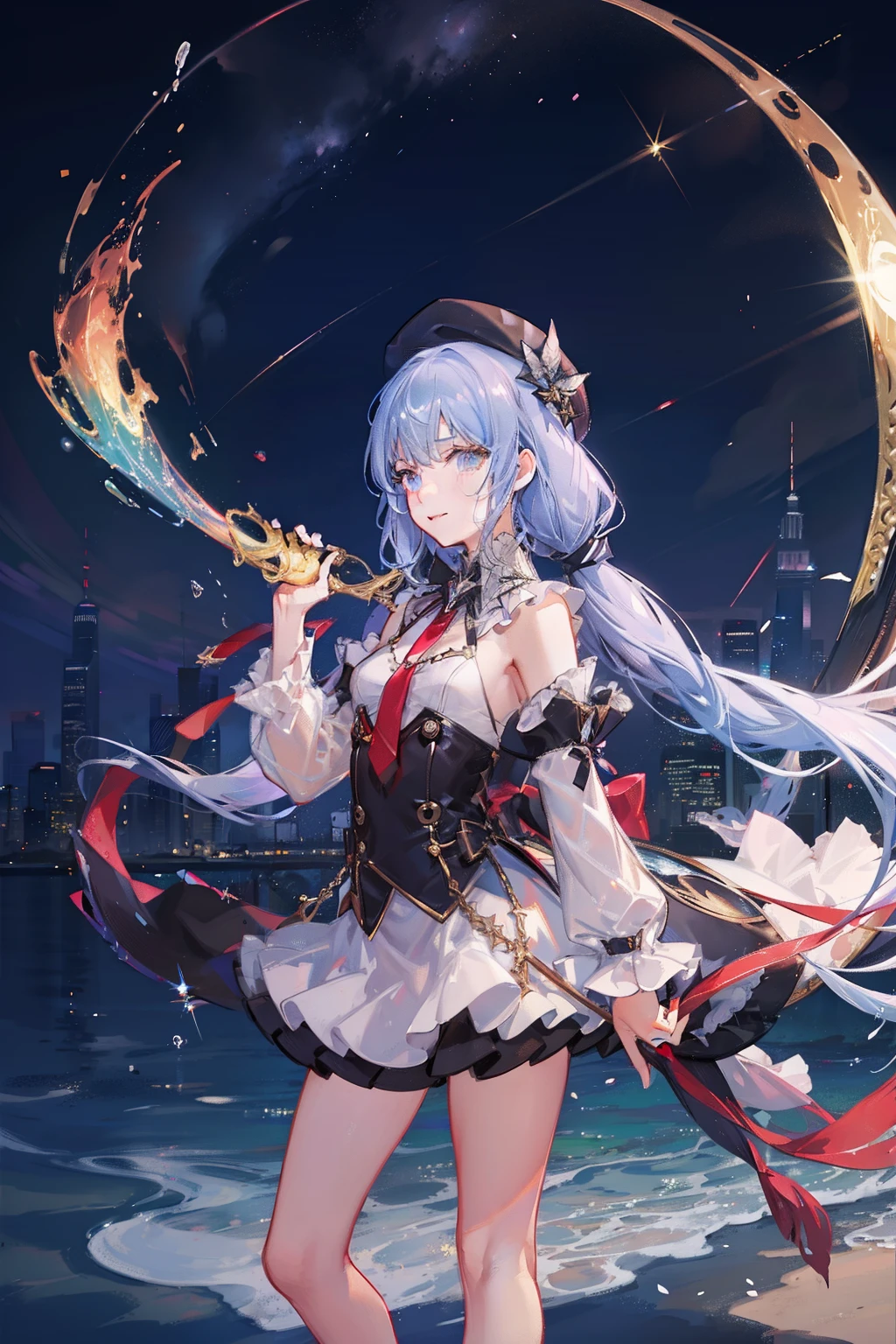 She is tall, Slender Adult Woman,small pectoral muscle,flat chest,She has a flat chest, ((flat chest))Her hair has silver twin tails and cat ears,Tie two black ribbons to your hair, She wears a black beret, She has a very flat chest like a cutting board, flat-chest, She wears a school uniform, She wears a red tie on her chest, A morning of sparkling iridescent Milky Way and hopeful lights, Iridescent Crystal Gemstones, Is pale skinned,She cries、Sheds a lot of tears from the eyes、Crying with a mischievous look、Smile on your lips, Starry sky and sandcastle, She wrapped the magic of red light like a snake in a splash of water, Highest Quality, She wears a black miniskirt((sad)),The face of the big picture, A night light illuminates her back,Wielding a magical girl rod with a large iridescent crescent moon at the tip,Countless shooting stars,Lens Flare, Big rainbow,Big sun blooms、The surface of the water illuminates your back, ((Water brilliance)), chromatic abberation], Digital Painting, Insane details, Intricate details, Beautifully color graded, Unreal Engine, Cinematic , Fantastic, colour grading, Editorial Photography , Photography, Photo Shot, Shot on 70mm lens, depth of fields, degrees of freedom, Tilt Blur, Shutter Speed 1/1000, A/11