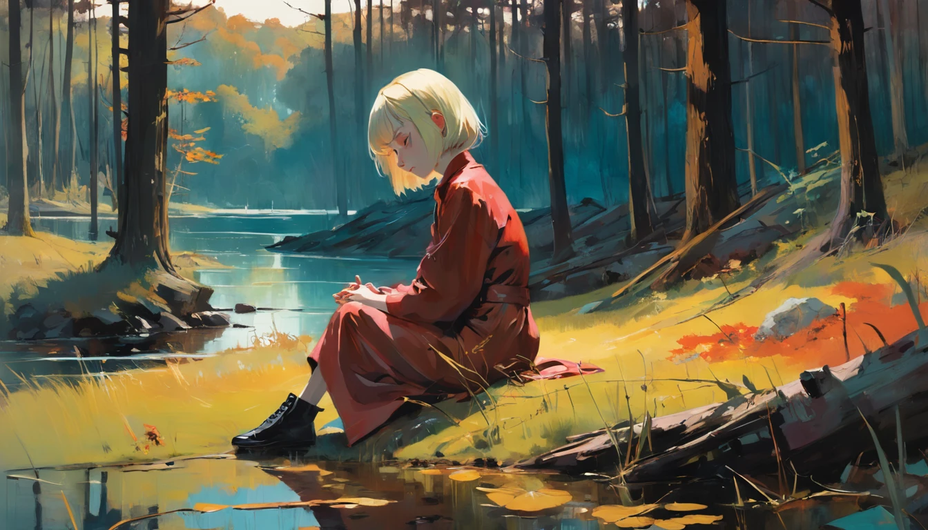 Woman sitting in the grass, in a forest, near a lake. tomber. automne. Dans le style d'Adrian Ghenie, Esao Andrews, Jenny Saville, Edward Hopper, surrealism, Dark Art par James Jean. Tim Burton. Esthetic 90s anime.