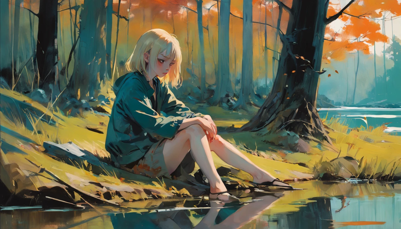 Woman sitting in the grass, in a forest, near a lake. tomber. automne. Dans le style d'Adrian Ghenie, Esao Andrews, Jenny Saville, Edward Hopper, surrealism, Dark Art par James Jean. Tim Burton. Esthetic 90s anime.