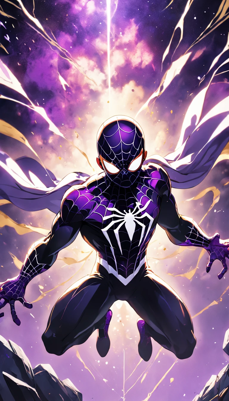 Spiderman, cartoon, intense colors (black, purple, white and gold), galaxy background