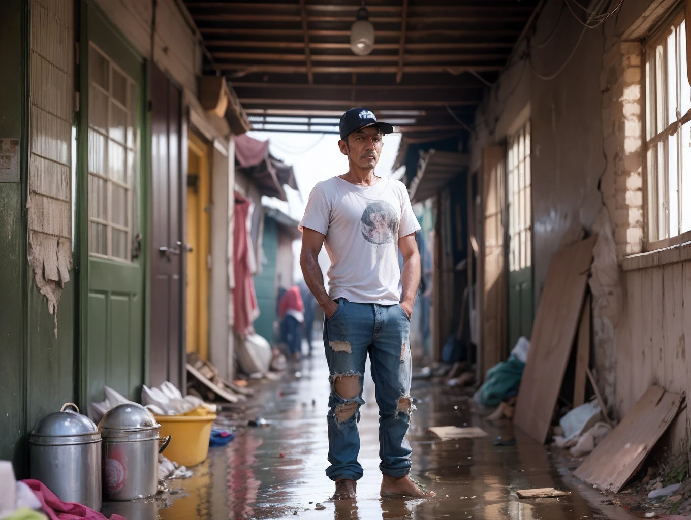 Realistic photo, skinny man, very realistic face, details, full body, poor, skinny, slum, full body, standing, looking at the camera, grimy white shirt, torn, in the mud, in the sewer, well-defined image, dirty shirt clay, slum, outskirts, refugee camp, wooden house, canvas house, construction rest house, hunger, unemployed, --auto --s2