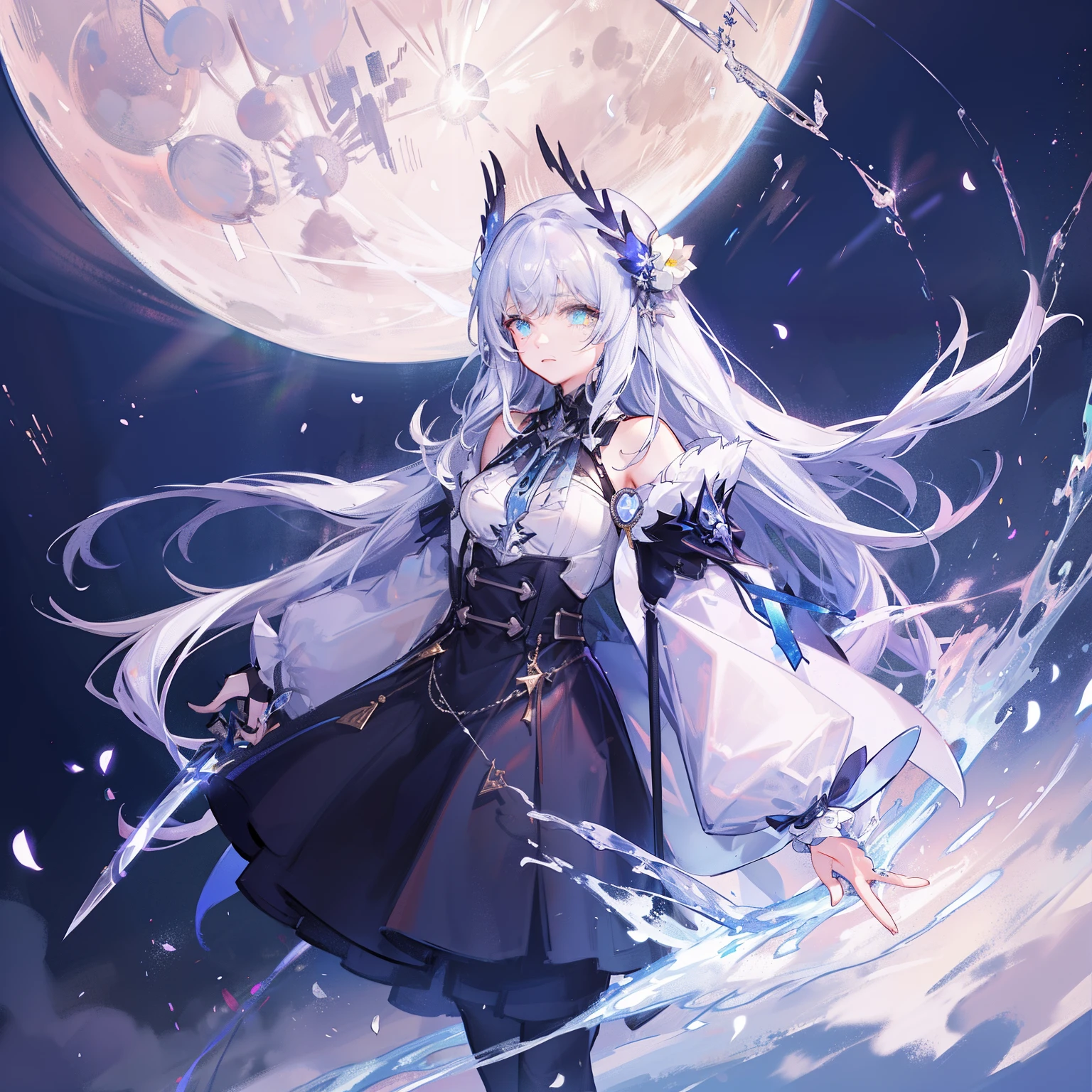 Cat's ears,hair is white and long,Goggles shine on her head,Her skin is pale, A blade of light enveloped me like a snake in interstellar wind,Unleash the Blade of Light, Highest Quality, Carry a blue cloak with war maiden decorations,Raise the rainbow sword of the brave, ((sad))((Big tears)), 8 Blue Light Sword,Blade of Light,Lens Flare, Big rainbow,The moon shines,Star chips, bloom, ((light glow)), chromatic abberation], Digital Painting, Insane details, Intricate details, Beautifully color graded, Unreal Engine, Cinematic , colour grading, Editorial Photography , Photography, Photo Shot, Shot on 70mm lens, depth of fields, degrees of freedom, Tilt Blur, Shutter Speed 1/1000, h/22