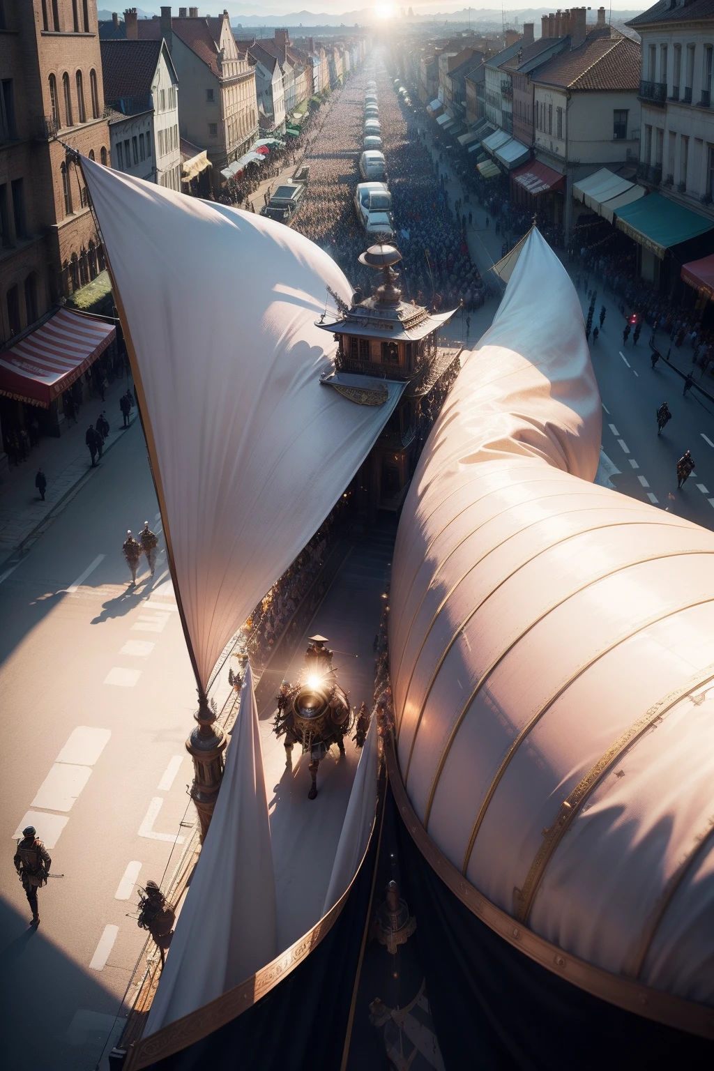 parade, steampunk, army marching, crowd, sunset, realistic, epic, hd, pov, steampunk outfit, mechanical parts, view from above, medieval city