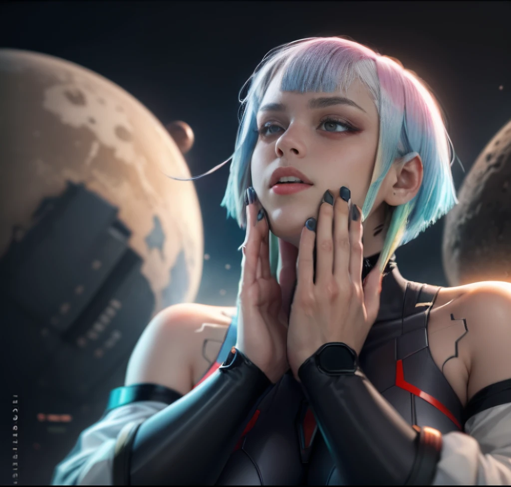 masterpiece, best quality, highres, lu1, cyborg, multicolored hair, makeup, bare shoulders, black leotard, highleg leotard, (thong:1.1), white jacket, open jacket, belt, shorts, cowboy shot, planet, moon, earth (planet),