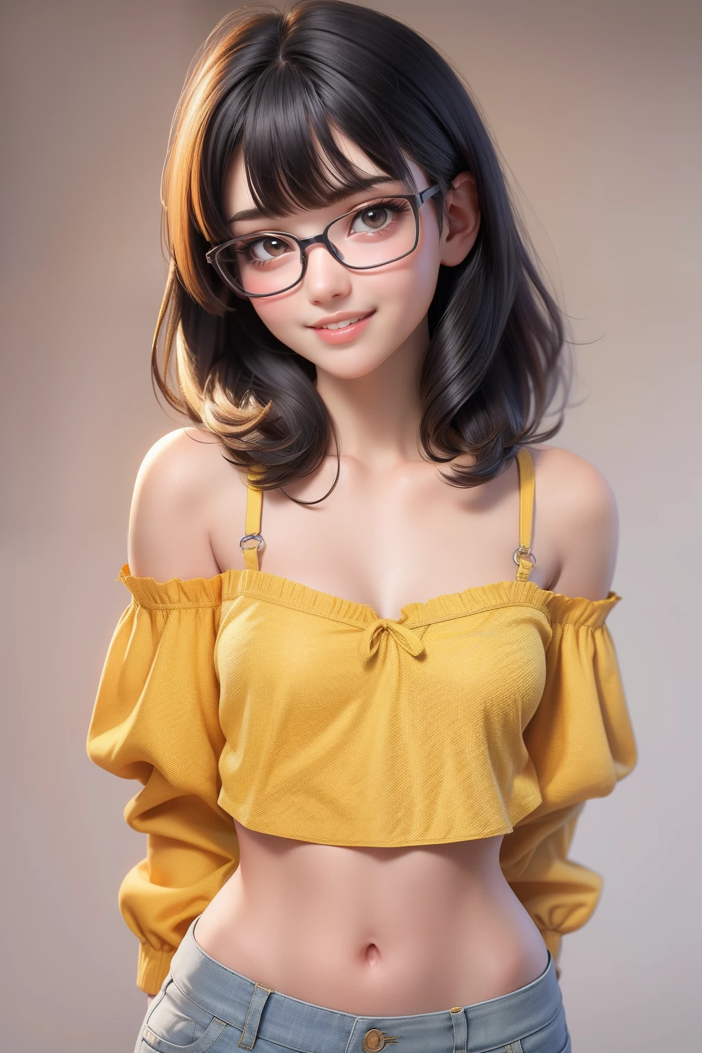 1 cute girl (18yo) glasses, upper body, slim waist, small breast, sexy pose, naugthy face, bangs, random hairstyle, cleavage, navel, off shoulder, seductive smile, wear yellow sexy underwear, gray background