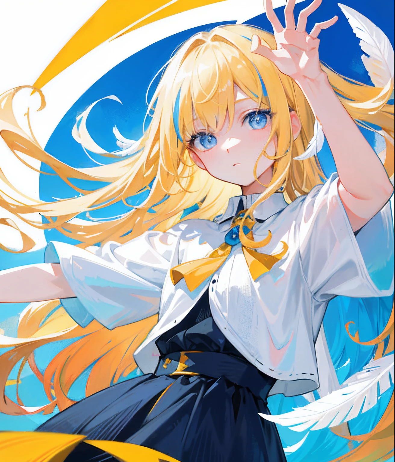 (Flat color:0.9),(Colorful:1.1),(Masterpiece:1,2), Best quality, Masterpiece, A high resolution, Original, extremelydetailedwallpaper, view the viewer,,,1girll,Solo,angelicales,blond hairbl,blue color eyes,Qi bangs,hair straight,Floating white feathers,Portrait