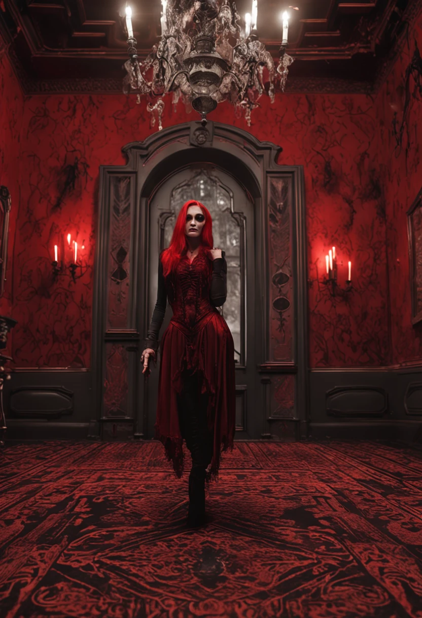Demonic woman, Lilith, red eyes, red hair, gothic outfit, naked breasts , super sexy , in a victorian room, reddish colors, very scary, there is a dead person under her feet, she is casting a spell , dark demonic symbols on the walls