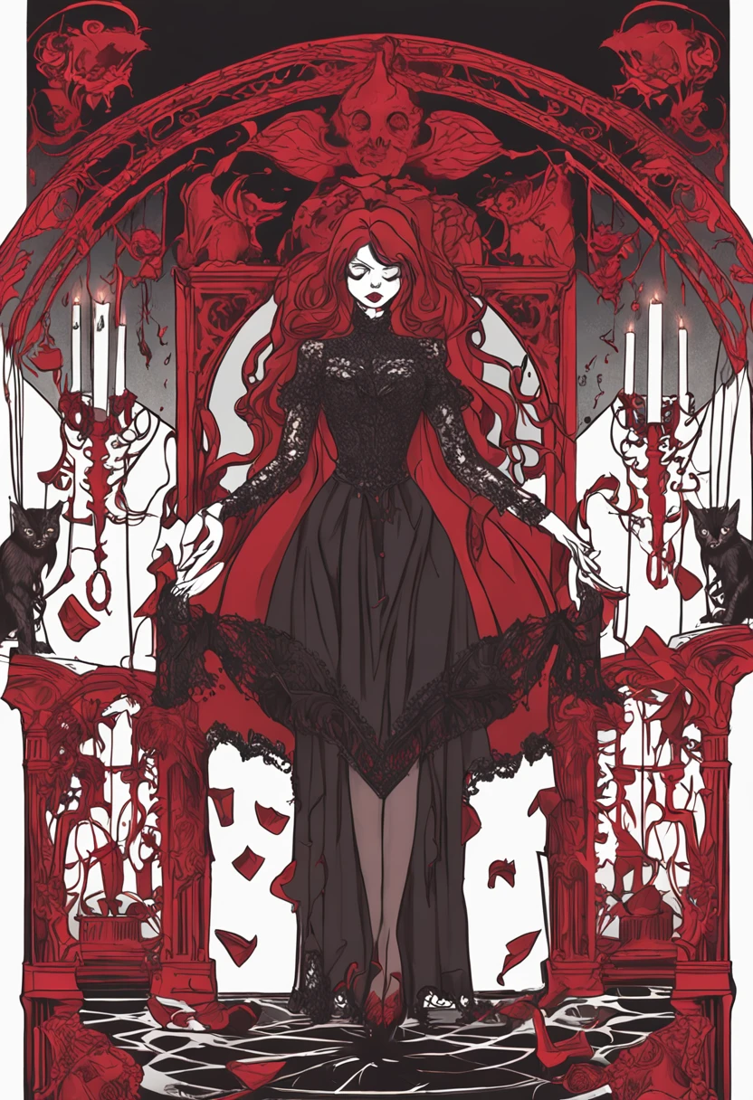 Demonic woman, Lilith, red eyes, red hair, gothic outfit, ????? breasts , super sexy , in a victorian room, reddish colors, very scary, there is a dead person under her feet, she is casting a spell , dark demonic symbols on the walls