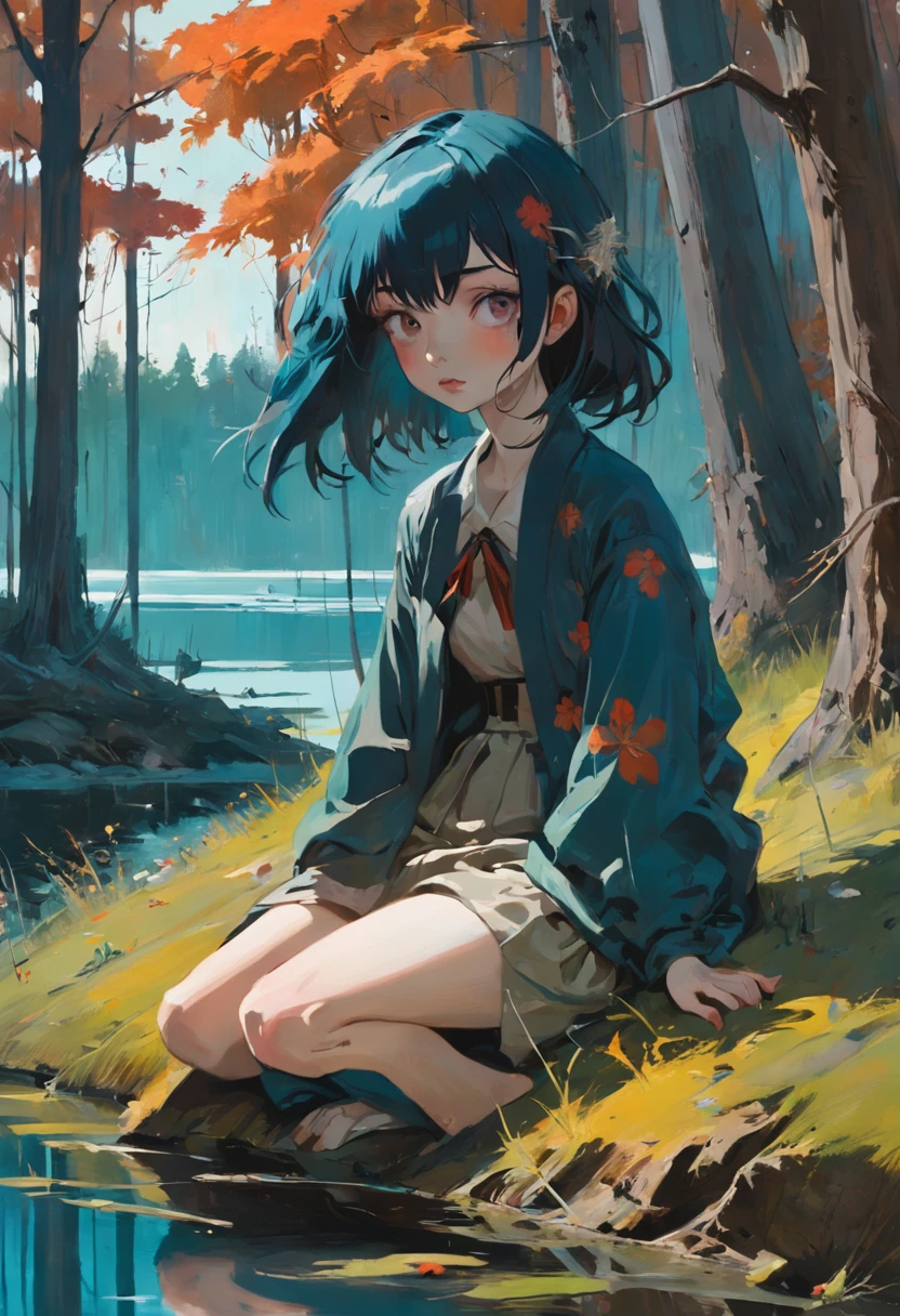 Woman sitting in the grass, in a forest, near a lake. tomber. automne. Dans le style d'Adrian Ghenie, Esao Andrews, Jenny Saville, Edward Hopper, surrealism, Dark Art par James Jean. Tim Burton. Aesthetic anime of the 90s.